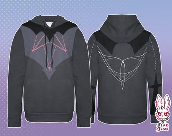 May include: A grey hoodie with a black hood and a pink geometric design on the front. The back of the hoodie has a white geometric design.