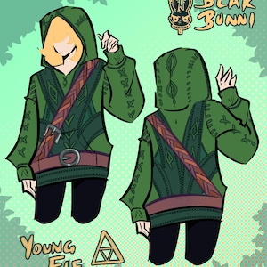 May include: A green hooded sweatshirt featuring a brown belt and strap across the chest, with decorative stitching on the sleeves and hood. The illustration includes the text BLAK BUNNI and YOUNG ELF with a triangular symbol on a light green background.