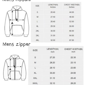 May include: Diagrams for men's hoodies and zipper hoodies, showing size measurements in inches. The hoodie chart includes sizes S to 4XL, with length from 26.40 to 32.00 inches and chest width from 44.00 to 67.00 inches.