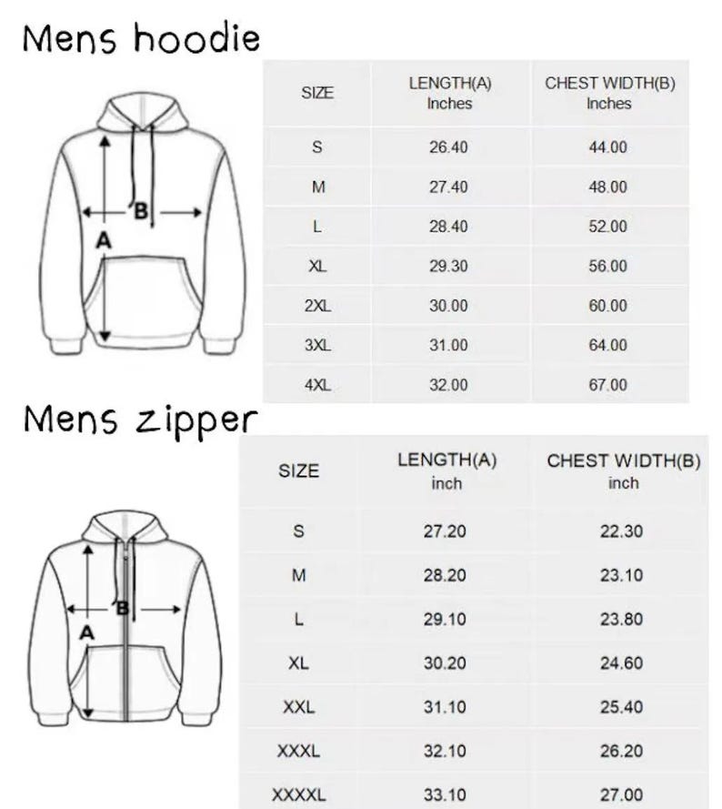May include: Diagrams for men's hoodies and zipper hoodies, showing size measurements in inches. The hoodie chart includes sizes S to 4XL, with length from 26.40 to 32.00 inches and chest width from 44.00 to 67.00 inches.