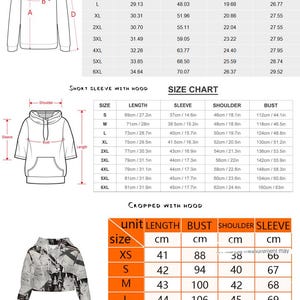 May include: Size charts for sweaters and cropped hoodies are displayed. Measurements are in inches and centimeters, including length, bust, shoulder, and sleeve dimensions for various sizes, from XS to 6XL.