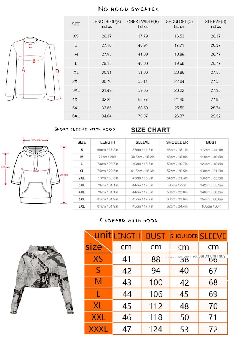 May include: Size charts for sweaters and cropped hoodies are displayed. Measurements are in inches and centimeters, including length, bust, shoulder, and sleeve dimensions for various sizes, from XS to 6XL.
