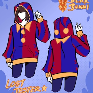 Pode incluir: Ilustração de dois hoodies com tema de bobo da corte. Os hoodies são divididos verticalmente, com um lado vermelho e outro azul. O design inclui detalhes dourados e o texto "LOST JESTER". O canto superior direito tem o texto "BLAK BUNNI".