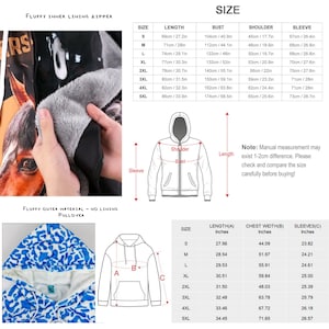 May include: Image shows a size chart for a hooded sweatshirt with measurements in inches and centimeters. The sweatshirt has a fluffy inner lining and outer material. A close-up shows the fluffy lining and a blue and white patterned pullover.