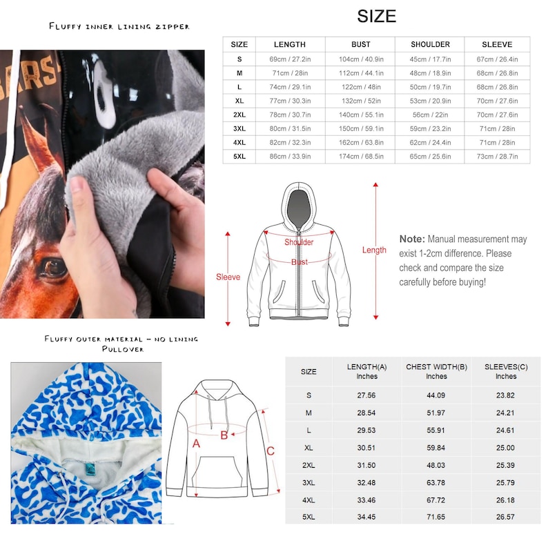 May include: Image shows a size chart for a hooded sweatshirt with measurements in inches and centimeters. The sweatshirt has a fluffy inner lining and outer material. A close-up shows the fluffy lining and a blue and white patterned pullover.
