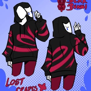 Op de afbeelding: Illustratie van twee figuren die zwarte hoodies dragen met rode wervelontwerpen en bijpassende rode broeken. De hoodies hebben capuchons en witte gezichten met een blauwe traan. De tekst "BLAK BUNNI" en "LOST CRAFTS" zijn ook zichtbaar.