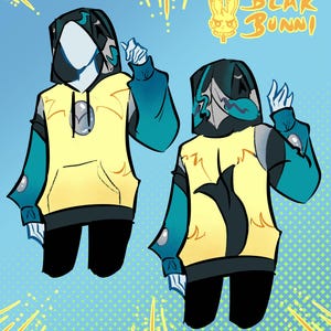 Könnte beinhalten: Illustration eines gelben Hoodies mit türkisfarbenen Ärmeln und einer schwarzen Kapuze. Die Kapuze und die Ärmel haben ein einzigartiges Design. Der Hoodie hat eine Vordertasche und ein großes schwarzes Design auf dem Rücken. Der Text "Blak Bunni" befindet sich in der oberen rechten Ecke.