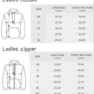 May include: Diagrams of a hoodie and a zipper jacket with size charts. The charts show measurements in inches for length and chest width for sizes XS to XL for the hoodie and XS to XXL for the zipper jacket.