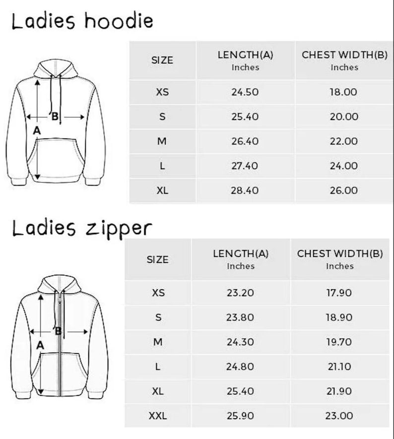 May include: Diagrams of a hoodie and a zipper jacket with size charts. The charts show measurements in inches for length and chest width for sizes XS to XL for the hoodie and XS to XXL for the zipper jacket.