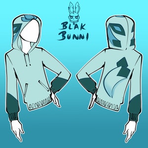 May include: A light blue hoodie with a dark blue and teal design on the front and back. The design features a stylized arrow shape and a curved line. The hoodie has a drawstring hood and a kangaroo pocket.