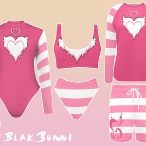 May include: Pink swimsuit with long sleeves and a white and pink striped pattern. The swimsuit features a large pink heart with white wings on the front. The text "BLAK BUNNI" is written in black at the bottom of the image.