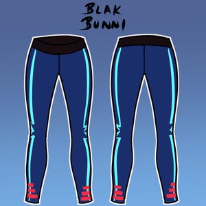 Peut inclure: Illustration de deux paires de leggings bleus avec une ceinture noire et des rayures latérales bleu clair. Les leggings ont des accents rouges aux chevilles. Le texte "BLAK BUNNI" est en haut.