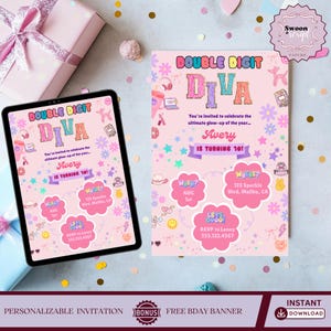 Zweistellige Diva-Geburtstagseinladung, bearbeitbare Canva 10. Geburtstag einladen, Preppy Glitter Patch Tween Girl Party Vorlage, Sofort Download