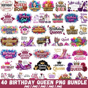 Könnte beinhalten: Eine Sammlung von 40 PNG-Bildern mit Geburtstagsthemen. Die Bilder zeigen Texte wie "Birthday Queen" und "Birthday Girl", zusammen mit Kronen, High Heels und floralen Elementen. Die Farbpalette umfasst Rosa, Lila und Gold.