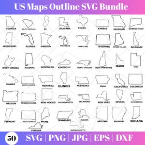 Formes de contour de carte des États-Unis | Carte des États-Unis d'Amérique | Idéal pour découper, graver ou imprimer | Téléchargement instantané, carte des Etats-Unis Svg Png