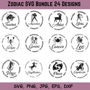 Pacchetto SVG Zodiac, Segni astrologici in formato SVG, Simboli zodiacali in formato SVG, Segni delle costellazioni, Astrologia, Oroscopo, File di taglio per Cricut, Download istantaneo