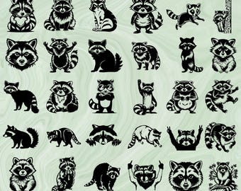 Paquete SVG de mapache, clipart de mapache lindo, cabeza de mapache PNG, archivos digitales de animales del bosque, silueta de mapache, imprimibles de arte de vida silvestre