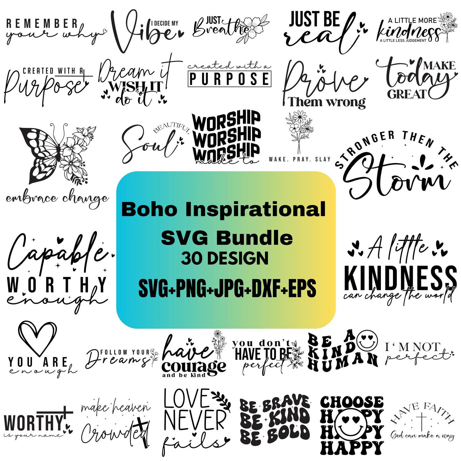 Boho Inspirational Svg Png Bundle, Positive Affirmations Svg, Kindness ...