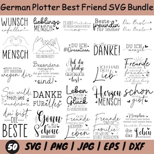 Puede incluir: Un paquete de descarga digital de 50 archivos SVG, PNG, JPG, EPS y DXF en alemán. Los diseños presentan varias frases sobre la amistad y el amor, en una fuente de escritura negra. Las palabras incluyen "Mejor amigo" y "Familia".
