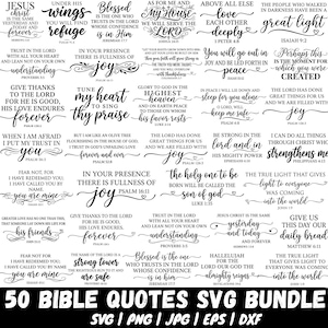 May include: A digital design bundle featuring 50 Bible quotes in a variety of fonts and styles. Includes phrases like "Jesus Christ is the same yesterday and today" and "Trust in the Lord". Formats: SVG, PNG, JPG, EPS, and DXF.