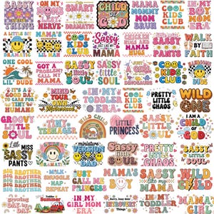 May include: A collection of colorful, retro-style graphic designs with phrases like "Sassy," "Cool Kids Club," and "Wild One." The designs feature smiley faces, rainbows, and floral elements, perfect for apparel or accessories.