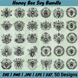 May include: A set of 50 black and white honey bee designs. Each design shows a detailed illustration of a bee, some with crowns, floral elements, or geometric patterns. The text "Honey Bee Svg Bundle" is at the top.
