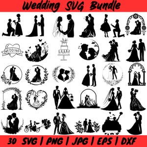 ウェディング ハート SVG、ウェディング SVG、新郎新婦 SVG、お祝いの結婚式、シルエット バンドル、ウェディング カップル SVG、クリップアート カットファイル Cricut、Png、Dxf