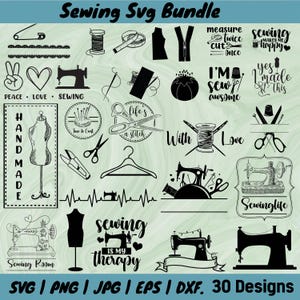 Peut inclure: Un ensemble de 30 designs SVG sur le thème de la couture en noir et blanc. Les designs comprennent des machines à coudre, des ciseaux, des aiguilles, du fil et du texte comme "La couture est ma thérapie" et "Je suis tellement géniale".