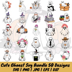 May include: A set of 50 cute ghost SVG designs in various poses and activities, including holding a pumpkin, reading a book, wearing a hat, and holding a coffee cup. The ghosts are white with black eyes and mouths. The designs are perfect for creating Halloween crafts, decorations, and apparel.