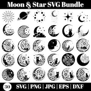 Puede incluir: Un paquete SVG en blanco y negro con diseños celestiales. La colección incluye lunas, estrellas, planetas y elementos florales. El texto "Moon & Star SVG Bundle" está en la parte superior, con opciones de tipo de archivo en la parte inferior.