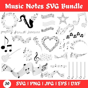 May include: A collection of black and white musical notes and symbols, including a saxophone, a star, and a heart shape. The text "Music Notes SVG Bundle" is at the top, and file type options are listed at the bottom.