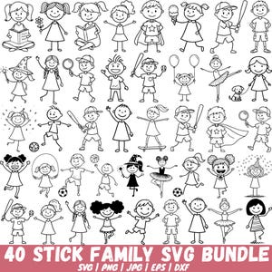 May include: A black and white illustration of 40 stick figure children in various activities. The image includes text that reads "40 STICK FAMILY SVG BUNDLE" with file type options. The children are engaged in activities like reading, playing sports, and dancing.