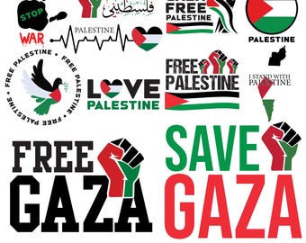 May include: A set of 30 digital designs featuring various slogans and images related to Palestine. The designs include phrases like "Free Gaza", "Free Palestine", "Love Palestine", "Save Gaza", and "I Stand With Palestine". The designs also feature the Palestinian flag, a dove of peace, a raised fist, and a heart with the Palestinian flag inside.