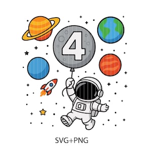 Op de afbeelding: Een cartoon illustratie van een astronaut die in de ruimte zweeft en een ballon met het nummer 4 vasthoudt. Planeten, een raket en sterren omringen de astronaut. De afbeelding bevat de tekst "SVG+PNG".