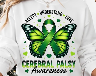 Accept Understand Love Butterfly PNG, Cerebral Palsy Awareness PNG, Green Ribbon Sublimation Design, Family Support Clipart