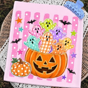 May include: A rectangular canvas print featuring a large orange jack-o'-lantern filled with colorful, patterned ghosts against a pink background with white polka dots. The design includes small black bats and multi-colored stars.