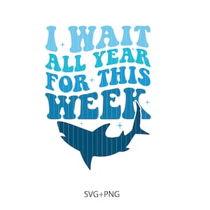 Op de afbeelding: Een blauw en wit grafisch ontwerp met de tekst "Ik wacht het hele jaar op deze week" en een blauw haaien silhouet.