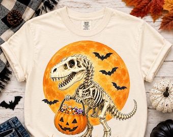 Halloween Boys PNG, Dinosaur Skeleton T rex Png, Scary Pumpkin Moon, Fall Sublimation, Digital Download