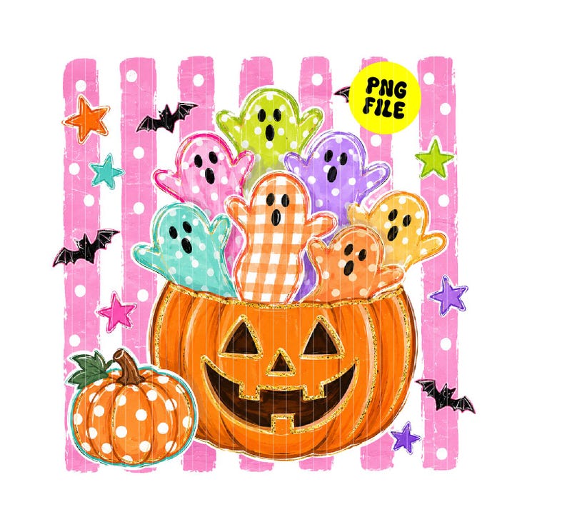 May include: A digital illustration featuring a large orange jack-o'-lantern filled with colorful ghosts in various patterns, including polka dots and gingham. A smaller orange polka-dot pumpkin sits nearby, surrounded by black bats and stars against a pink striped background with white dots. The text PNG FILE is visible.