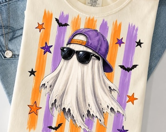 Cool Boy Ghost PNG with Sunglasses, Retro Halloween Striped Ghost Sublimation Design, Vintage Spooky Ghost Png , Trendy Halloween Shirt PNG
