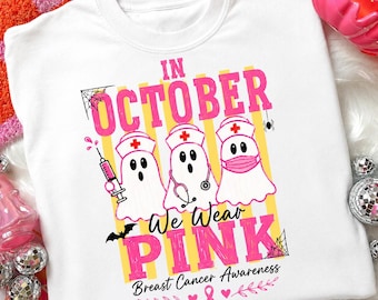 In October We Wear Pink Pumpkin PNG, Breast Cancer Awareness Pumpkin, Pink Ribbon Sublimation Design, Halloween Breast Cancer PNG