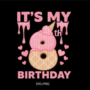 Könnte beinhalten: Rosa Grafikdesign auf schwarzem Hintergrund. Das Design zeigt den Text "IT'S MY" über einer rosa Eiswaffel- und Donut-Kombination mit der Zahl "8" in der Mitte. Das Wort "BIRTHDAY" steht darunter, mit kleinen rosa Herzen verstreut.