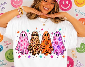 Preppy Colorful Ghost PNG, Girly Leopard Halloween Ghost Design, Trendy Coquette Spooky PNG, Cute Retro Ghost Sublimation, Viral Fall Shirt