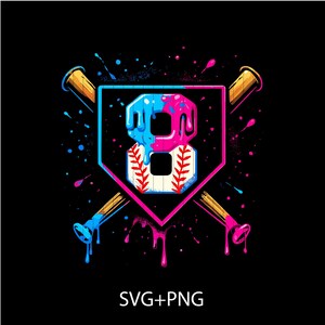 Op de afbeelding: Een honkbal-thema grafiek op een zwarte achtergrond. Het ontwerp toont het nummer 8 in blauw en roze, dat lijkt op een honkbal, geplaatst in een thuisplaatvorm. Twee gekruiste honkbalknuppels en verfspatten maken het ontwerp compleet. De tekst "SVG+PNG" staat onderaan.
