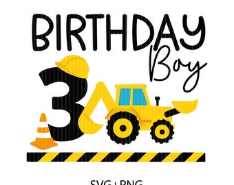 May include: A yellow construction vehicle with a black number three and the words "Birthday Boy" in black text. The vehicle is on a black and yellow striped surface. The number three has a construction worker hat on top.