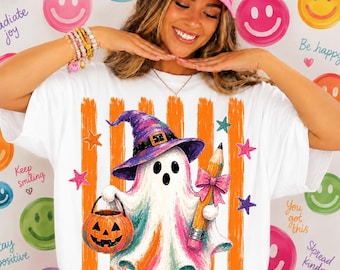 Cute Teacher Ghost PNG, Trick or Teach Halloween Design, Retro Striped Ghost Sublimation, Spooky Teacher Shirt Graphic, Fall Classroom PNG
