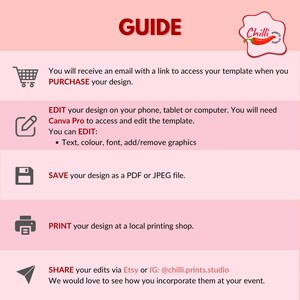 May include: A pink and white guide with the word "GUIDE" in red at the top. The guide provides instructions on how to purchase, edit, save, print, and share a design. The Chilli Prints Studio logo is in the upper right corner.