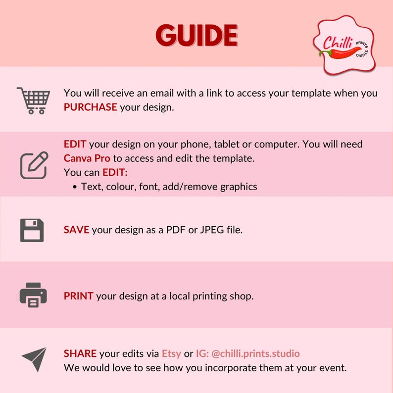 May include: A pink and white guide with the word "GUIDE" in red at the top. The guide provides instructions on how to purchase, edit, save, print, and share a design. The Chilli Prints Studio logo is in the upper right corner.