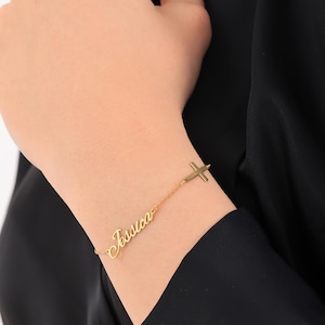 Tiny Gold Cross Bracelet, Silver Cross Bracelet Women, Christian Bracelet, Cross Name Bracelet for Women, Baby Name Bracelet with Birthstone