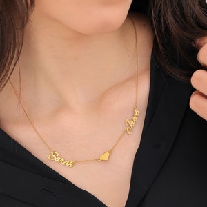 Collar con dos nombres y corazón, collar personalizado con nombres de pareja, collar personalizado con dos nombres, collar delicado con nombres, collar con varios nombres